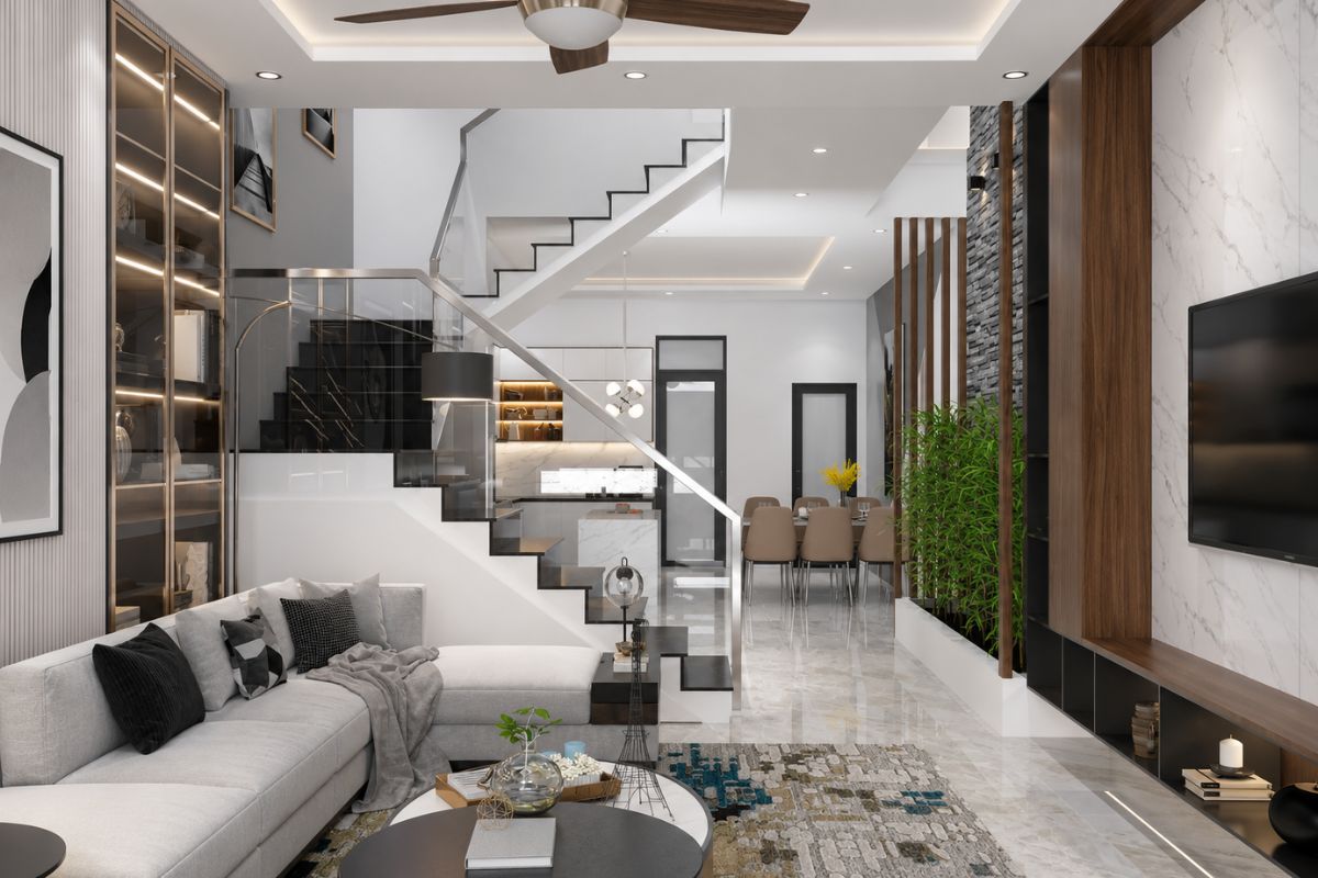 Điểm nổi bật trong thiết kế phòng khách nhà ống 5m có cầu thang