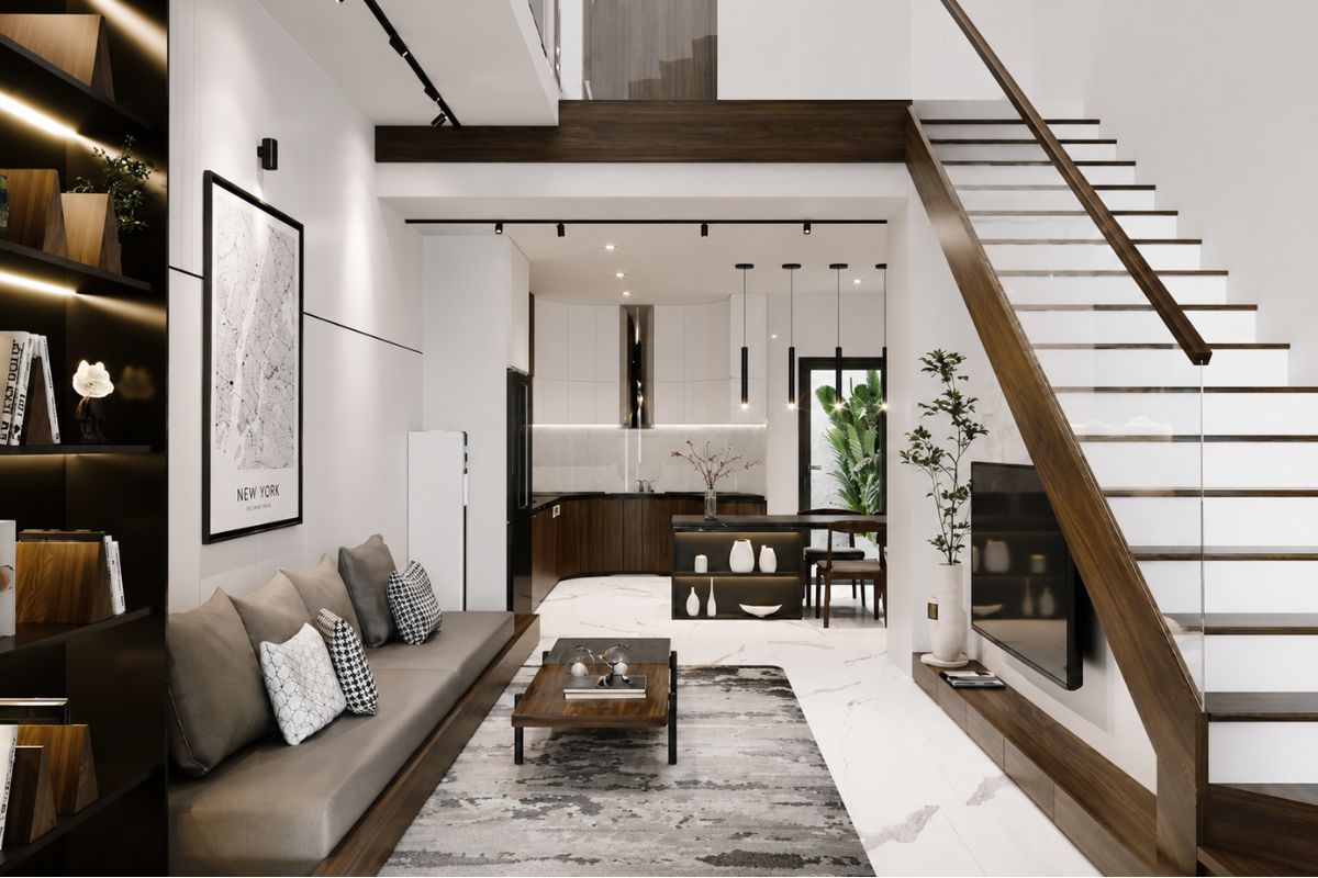 Phòng khách nhà ống 5m có cầu thang gỗ phối kính