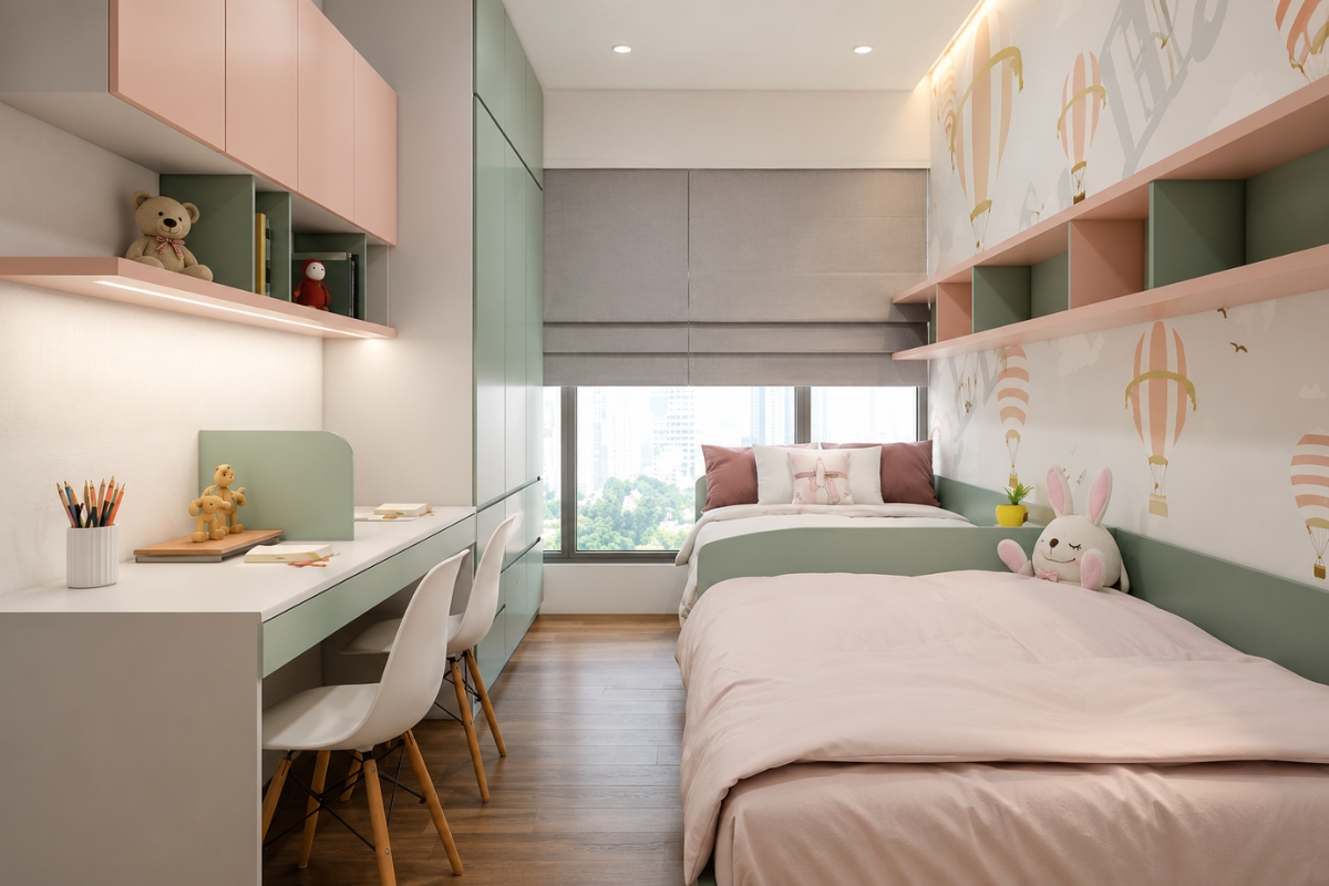 Mẫu phòng ngủ 25m2 cho bé kết hợp khu học tập và nghỉ ngơi