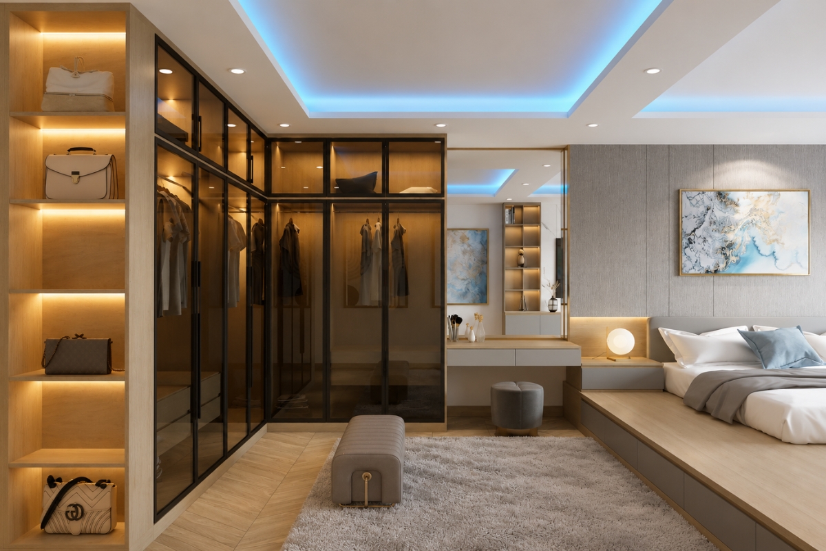 Phòng ngủ 25m2 tích hợp phòng thay đồ hiện đại