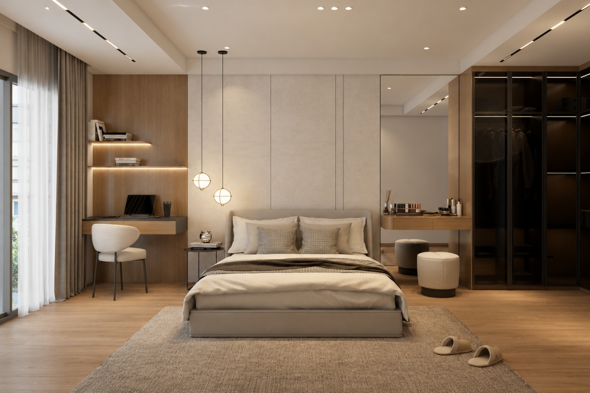 Phòng ngủ 25m2 sử dụng gam màu sáng tạo cảm giác rộng rãi