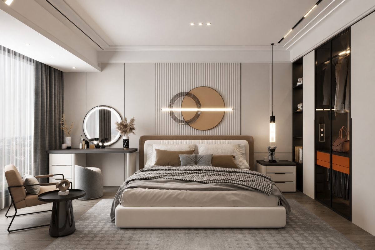 Không gian phòng ngủ 12m2 thiết kế hiện đại với tông màu trung tính