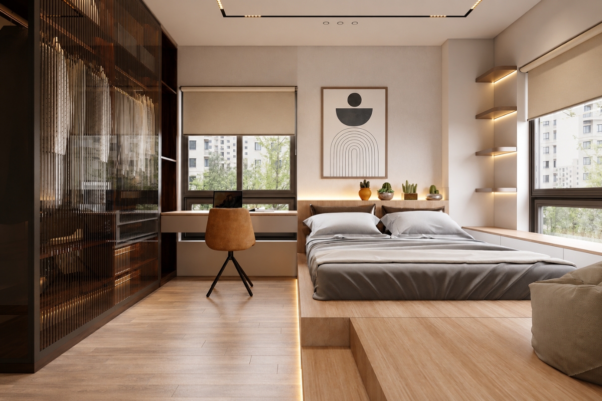 Trang trí phòng ngủ 25m2 với tranh treo, cây xanh và đèn thả hiện đại
