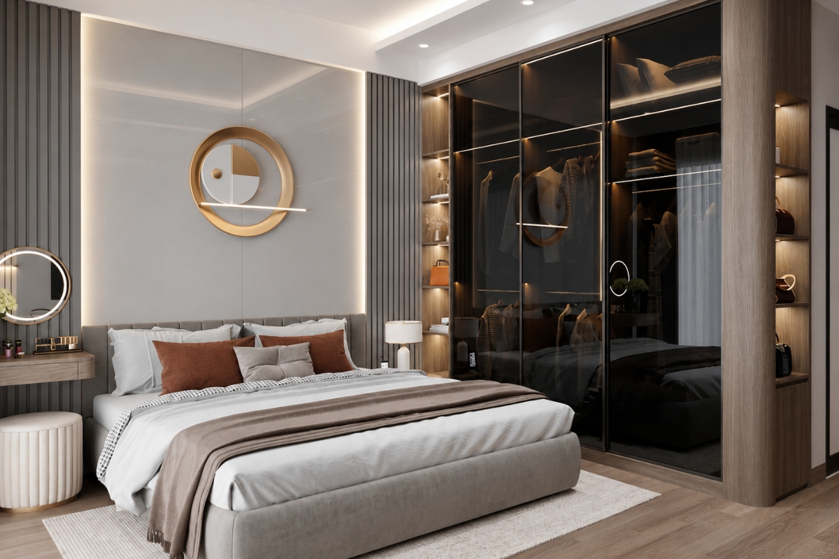 Không gian phòng ngủ 25m2 hiện đại với nội thất tối giản