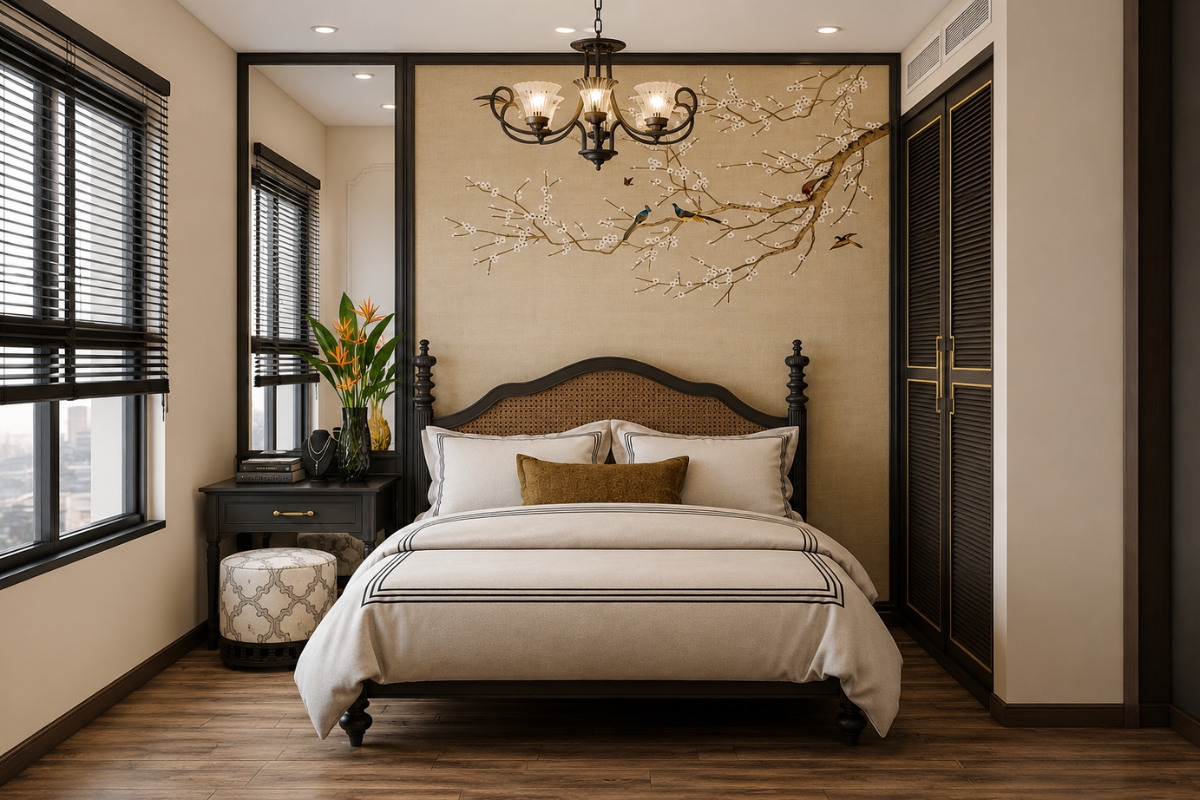 Không gian phòng ngủ 25m2 mang phong cách Indochine ấm cúng