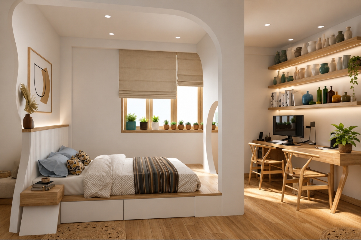 Góc làm việc trong phòng ngủ 25m2 khoa học và tiện nghi