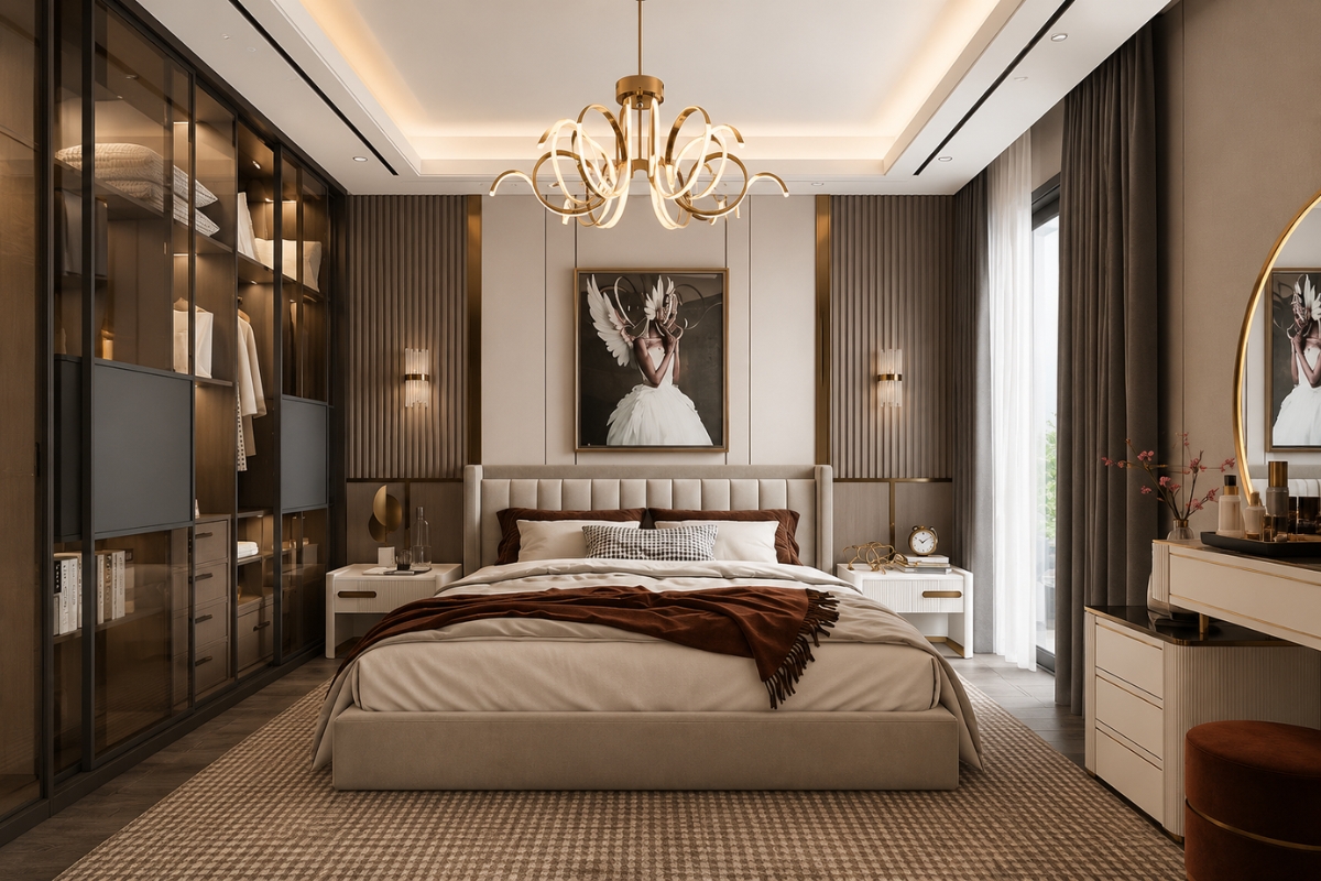 Thiết kế nội thất phòng ngủ 25m2 phong cách Luxury cao cấp