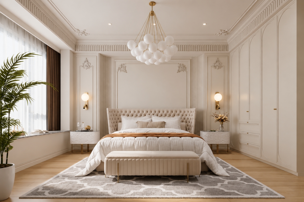 Không gian phòng ngủ 25m2 gam màu sáng rộng rãi và thanh lịch