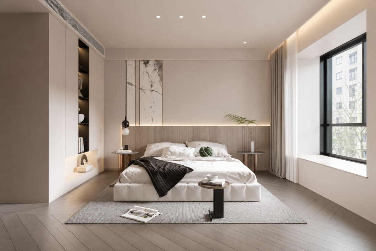 Phòng ngủ 25m2 tối giản kiểu Nhật với nội thất gỗ tự nhiên