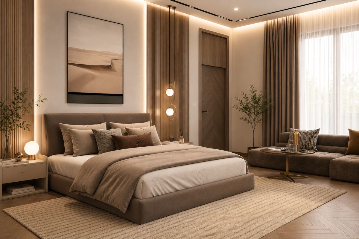 Phòng ngủ màu nâu capuchino nhẹ nhàng