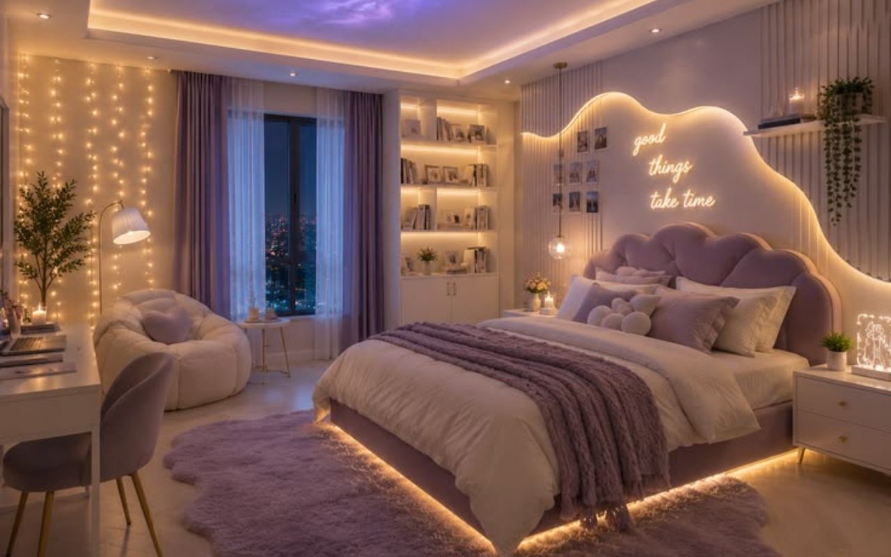 Phòng ngủ màu tím tối giản