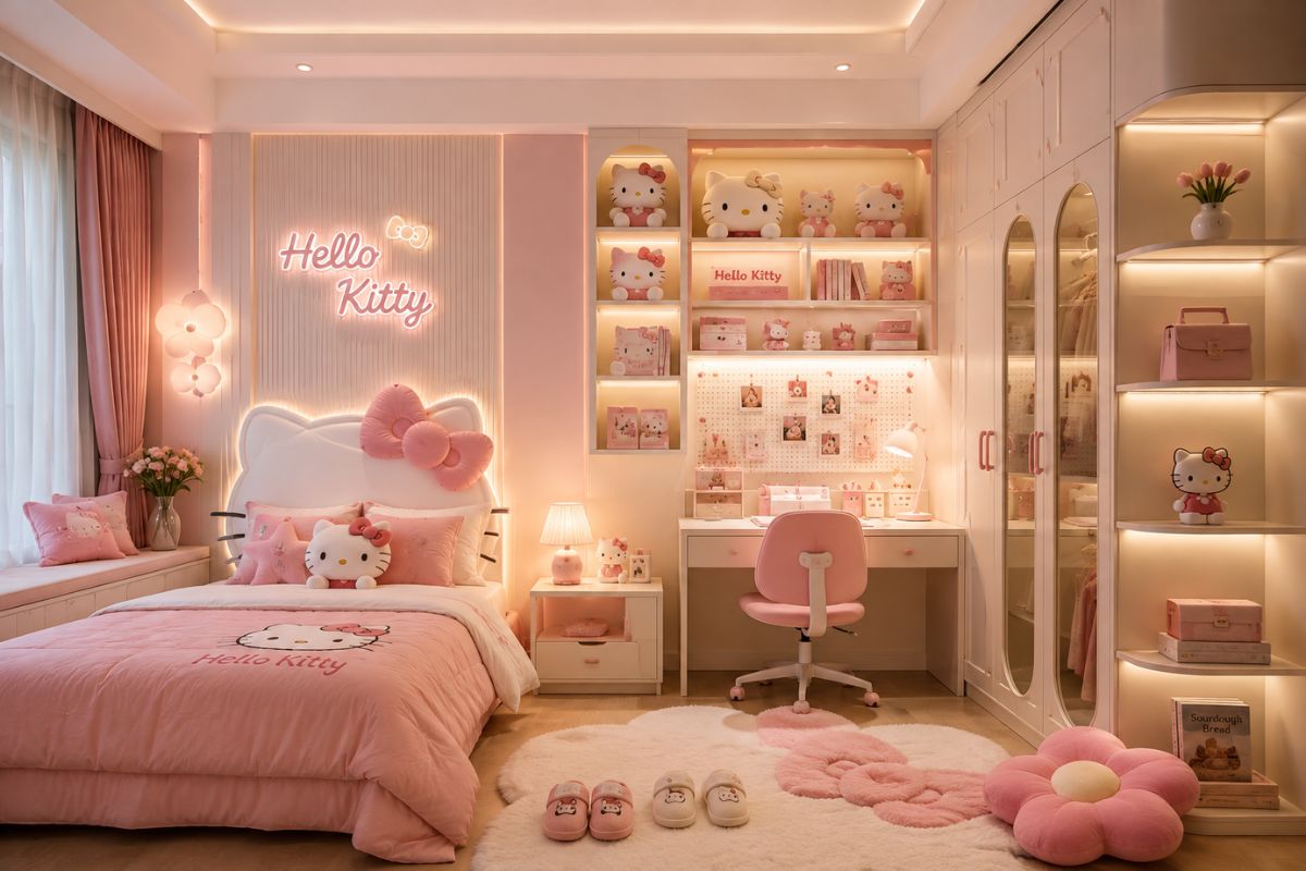 Mẫu trang trí phòng ngủ anime Hello Kitty