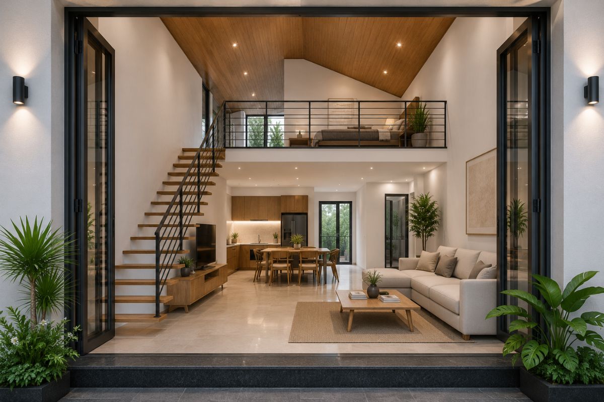 Nhà cấp 4 gác lửng mở với thiết kế thông tầng hiện đại