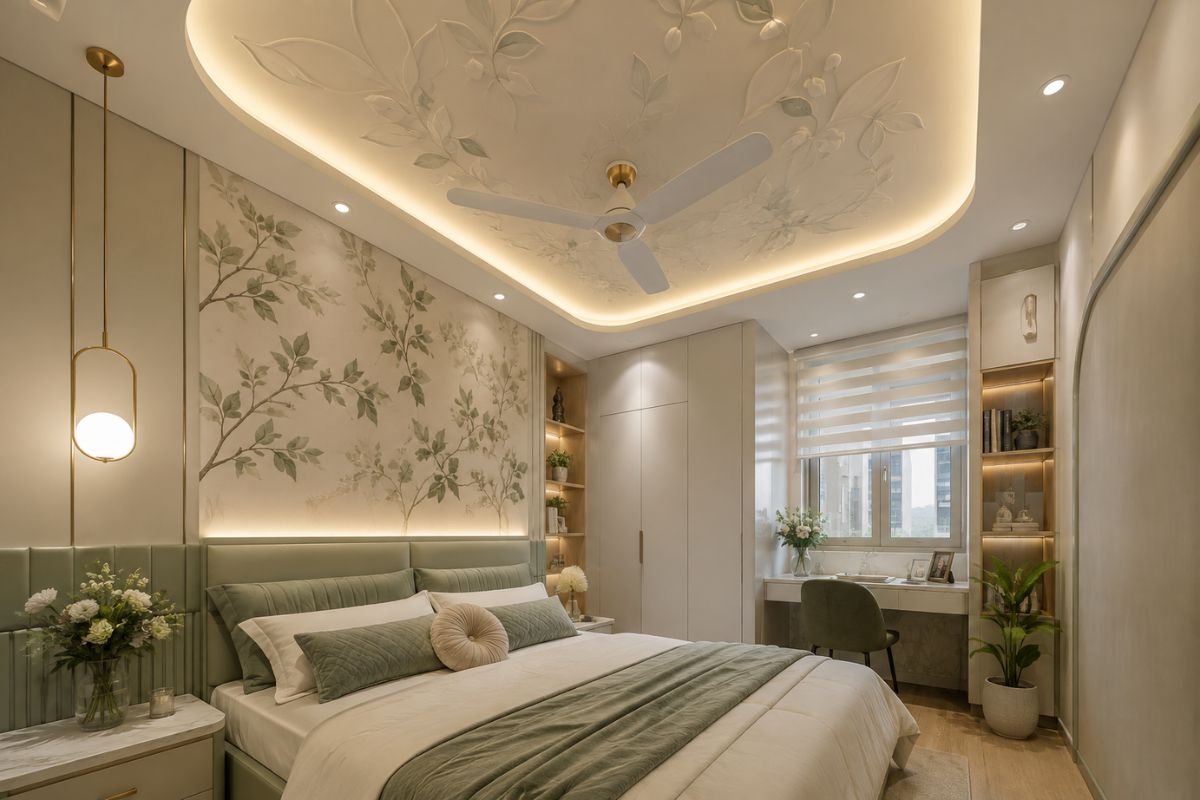 Mẫu trần thạch cao phòng ngủ nhỏ 10m2 có họa tiết trang trí