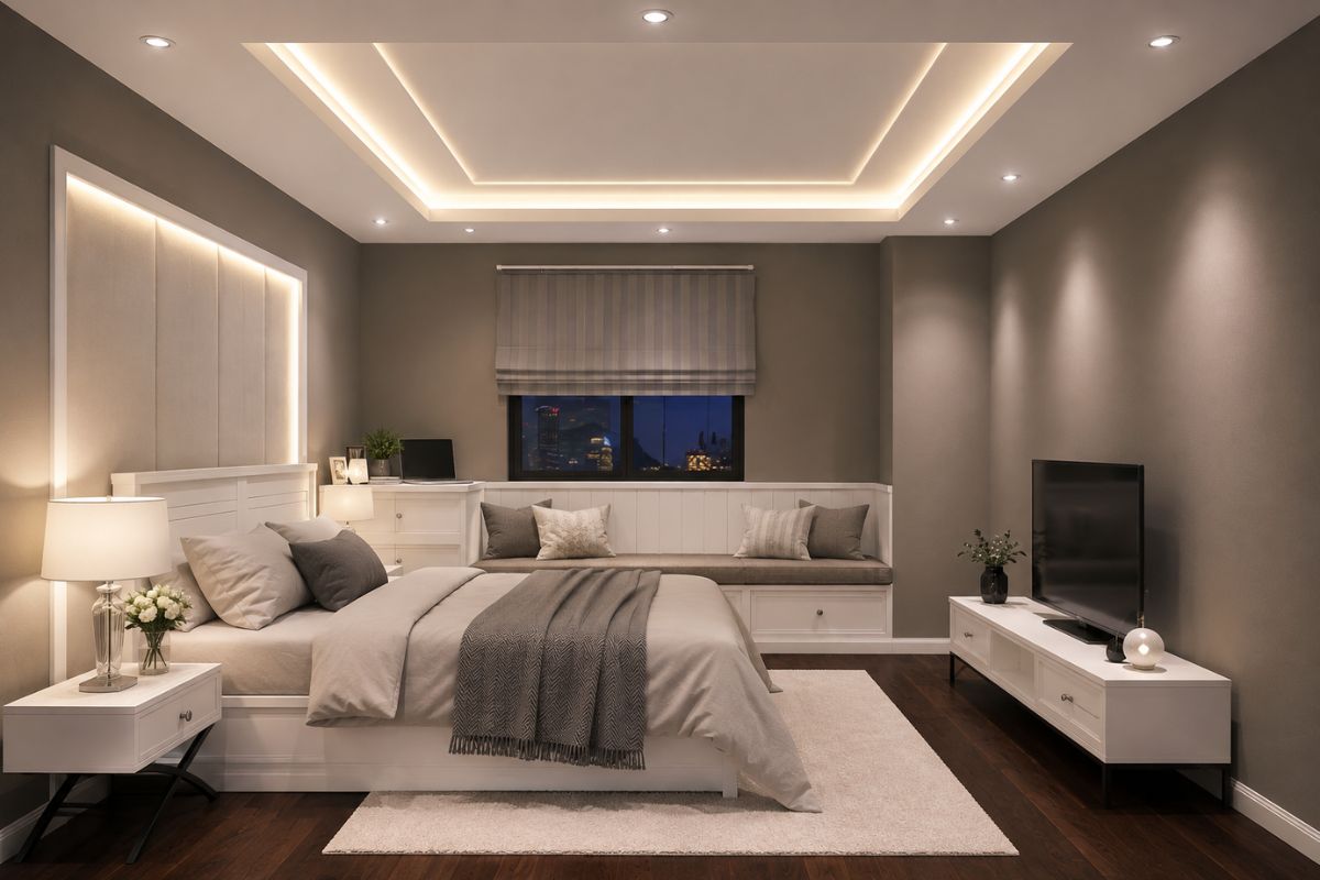 Mẫu trần thạch cao phòng ngủ nhỏ 10m2 kết hợp đèn LED âm trần