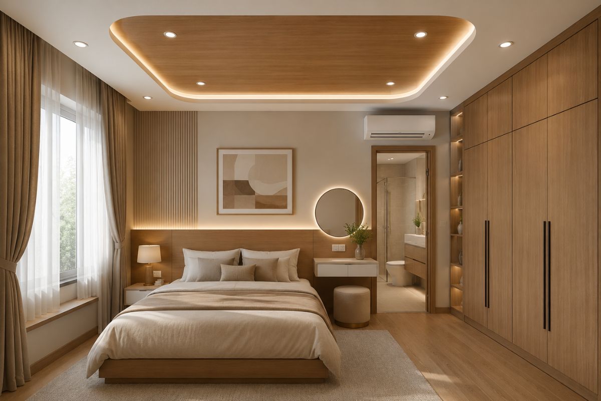 Mẫu trần thạch cao phòng ngủ nhỏ 10m2 kết hợp gỗ