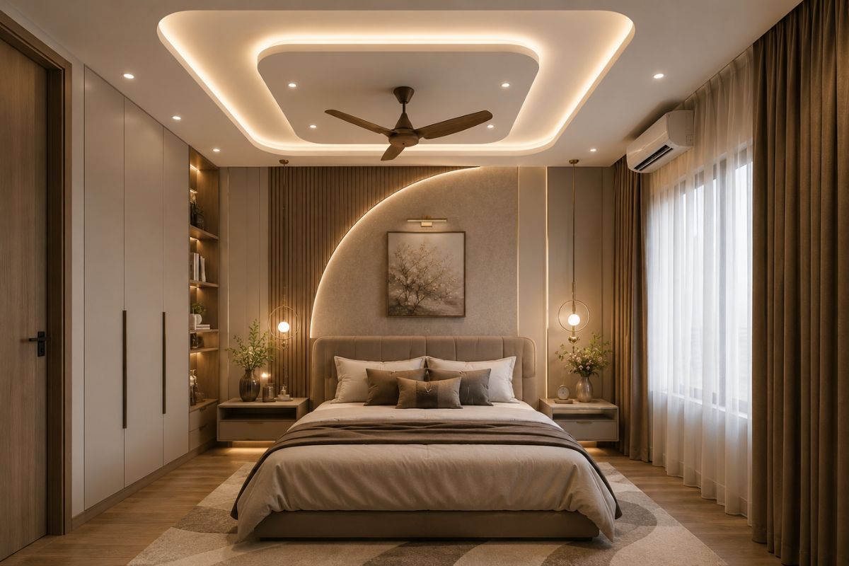 Mẫu trần thạch cao phòng ngủ nhỏ 10m2 kết hợp quạt trần