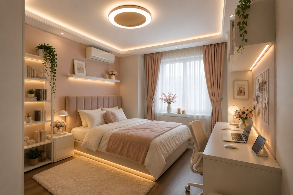 Mẫu trần thạch cao phòng ngủ nhỏ 10m2 màu trắng kết hợp tường pastel