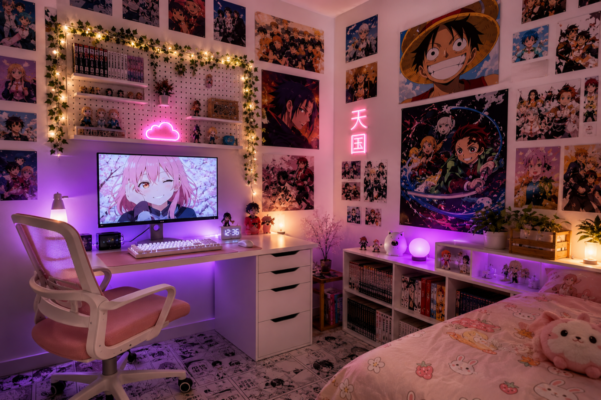 Mẫu phòng ngủ có bàn học trang trí anime