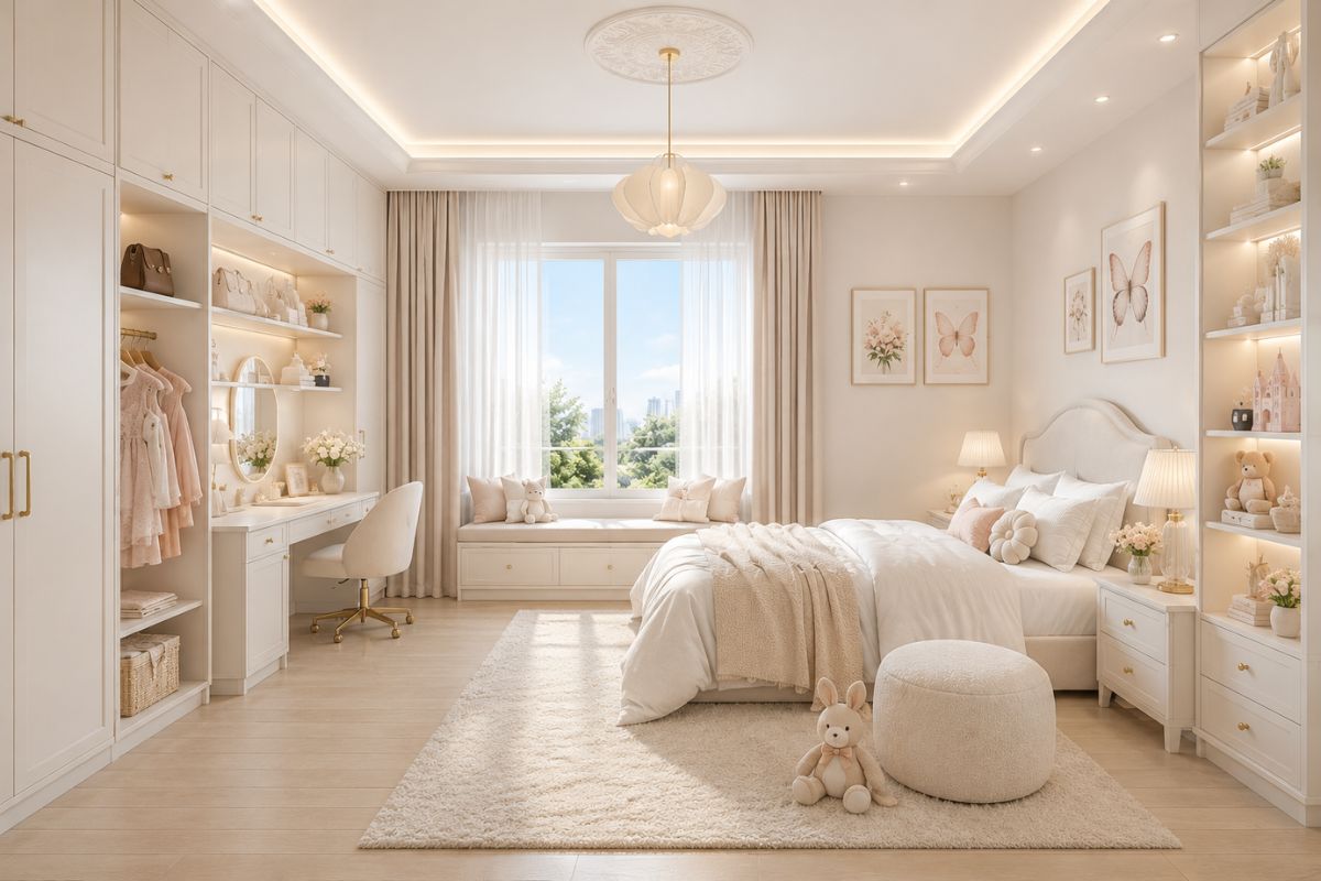 Mẫu phòng ngủ bé gái màu trắng – be