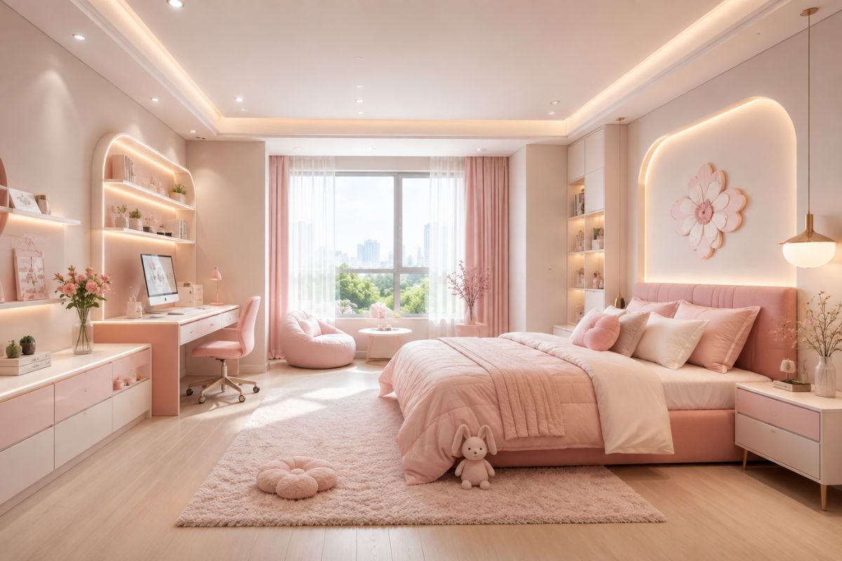 Mẫu phòng ngủ bé gái 13 tuổi màu hồng pastel