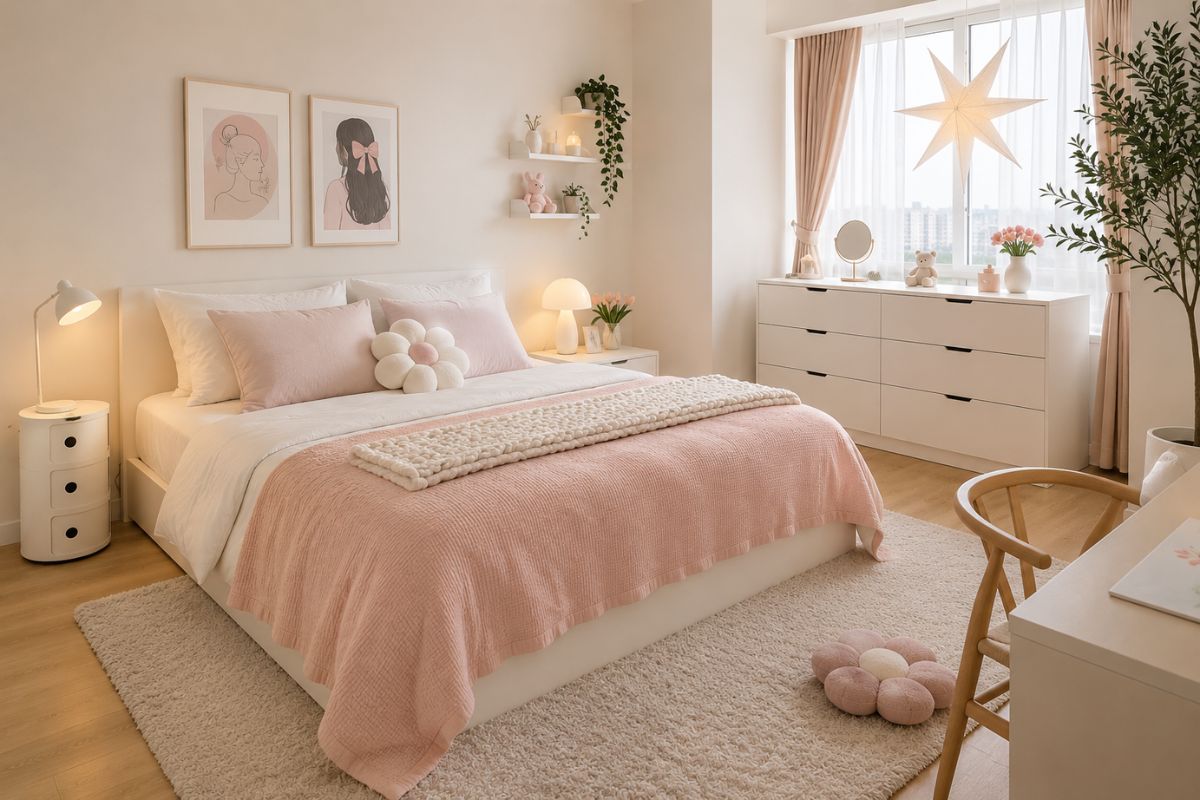 Mẫu phòng ngủ bé gái 13 tuổi phong cách Hàn Quốc