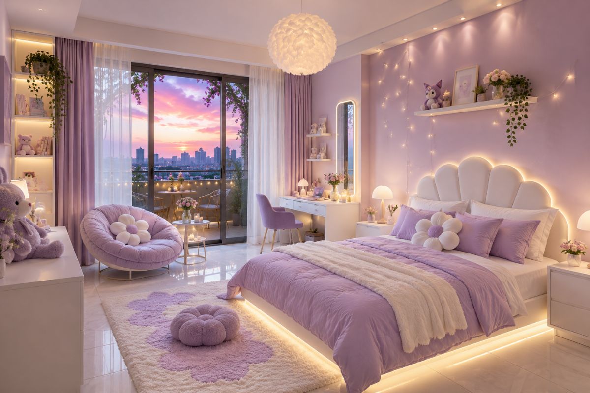 Mẫu phòng ngủ bé gái màu tím lavender