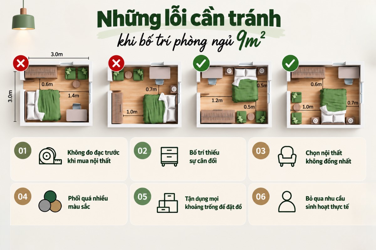 Những lỗi cần tránh khi bố trí phòng ngủ 9m2