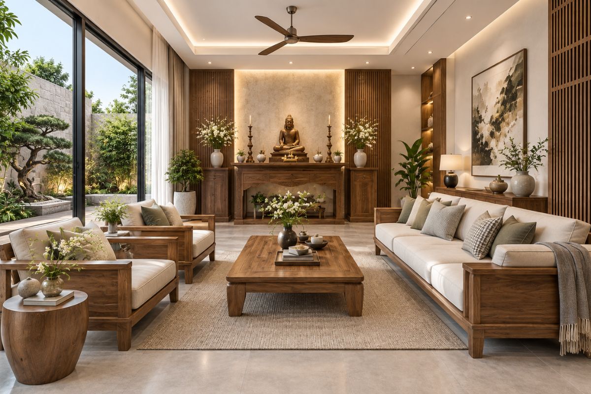Mẫu trang trí phòng khách nhà cấp 4 kết hợp phòng thờ