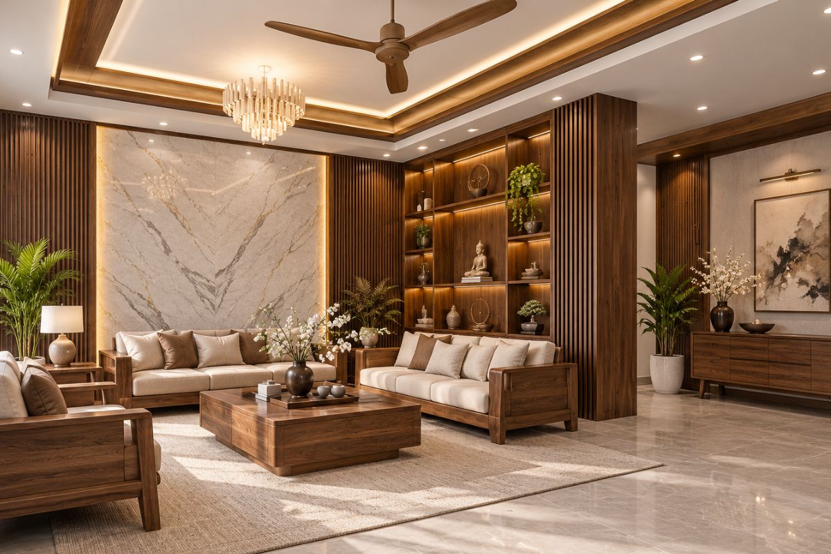 Mẫu trang trí phòng khách nhà cấp 4 bằng gỗ