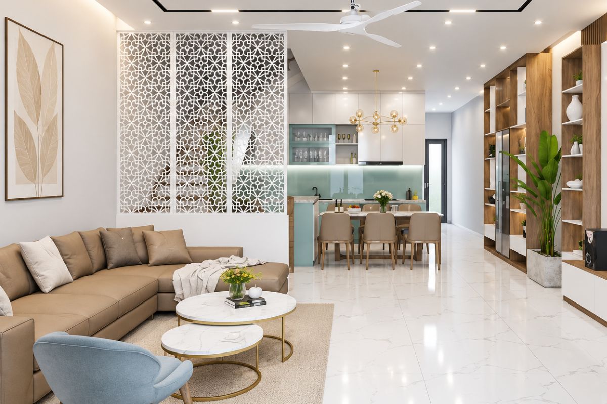 Mẫu thiết kế phòng khách nhà cấp 4 liền bếp