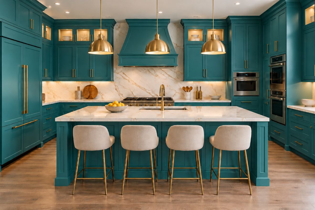 Mẫu tủ bếp màu xanh ngọc có bàn đảo