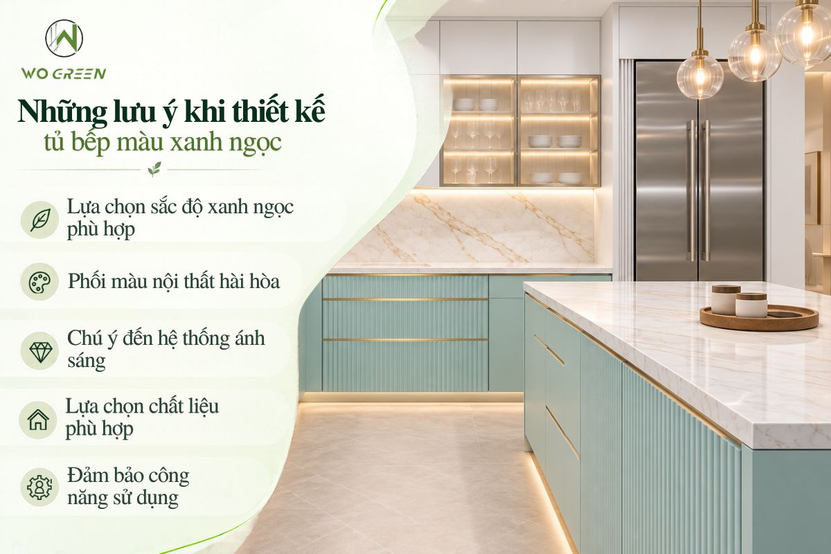 Những lưu ý khi thiết kế tủ bếp màu xanh ngọc