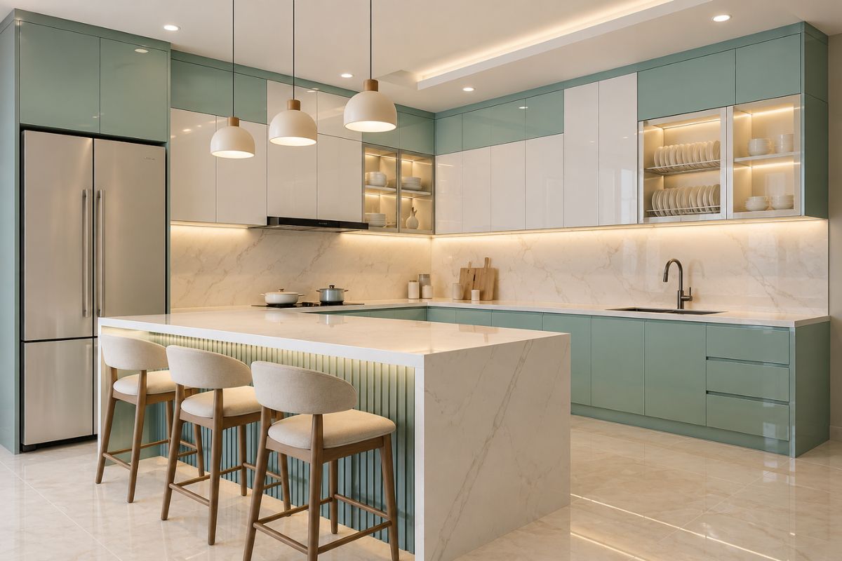 Mẫu tủ bếp màu xanh ngọc pastel nhẹ nhàng