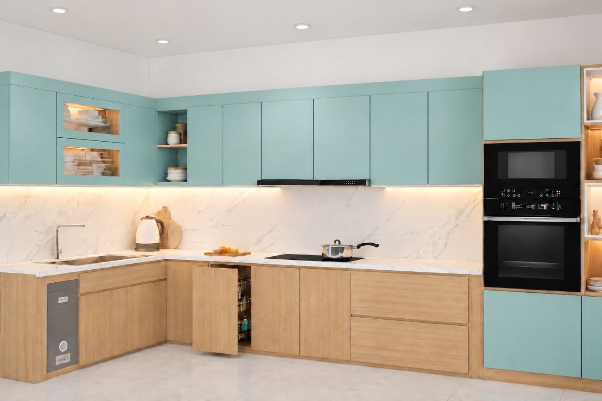 Mẫu tủ bếp màu xanh ngọc kết hợp vân gỗ