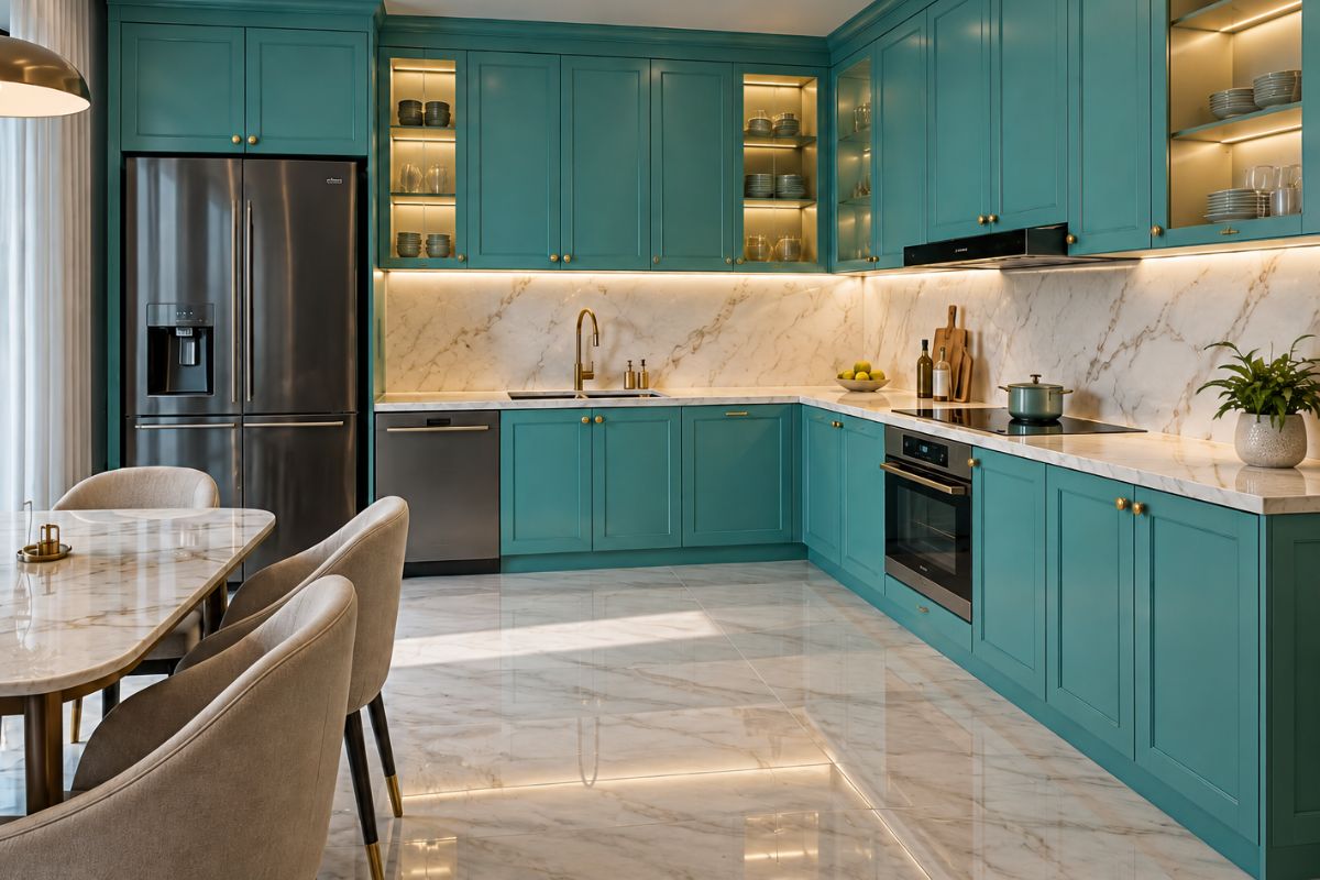 Mẫu tủ bếp màu xanh ngọc chữ L