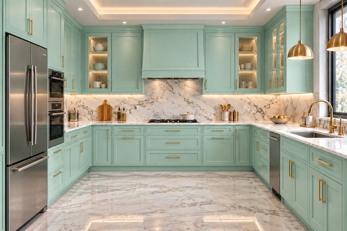 Mẫu tủ bếp màu xanh ngọc chữ U